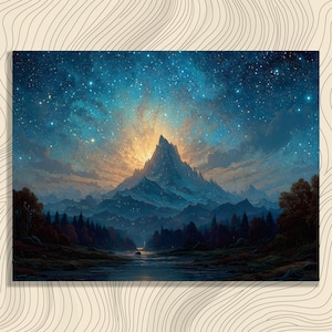 Starry Mountain Canvas Wall Art – Surreal Moon And Stars Night Sky River Flowing Forest Scene Print for Nature Lovers Home Decor
