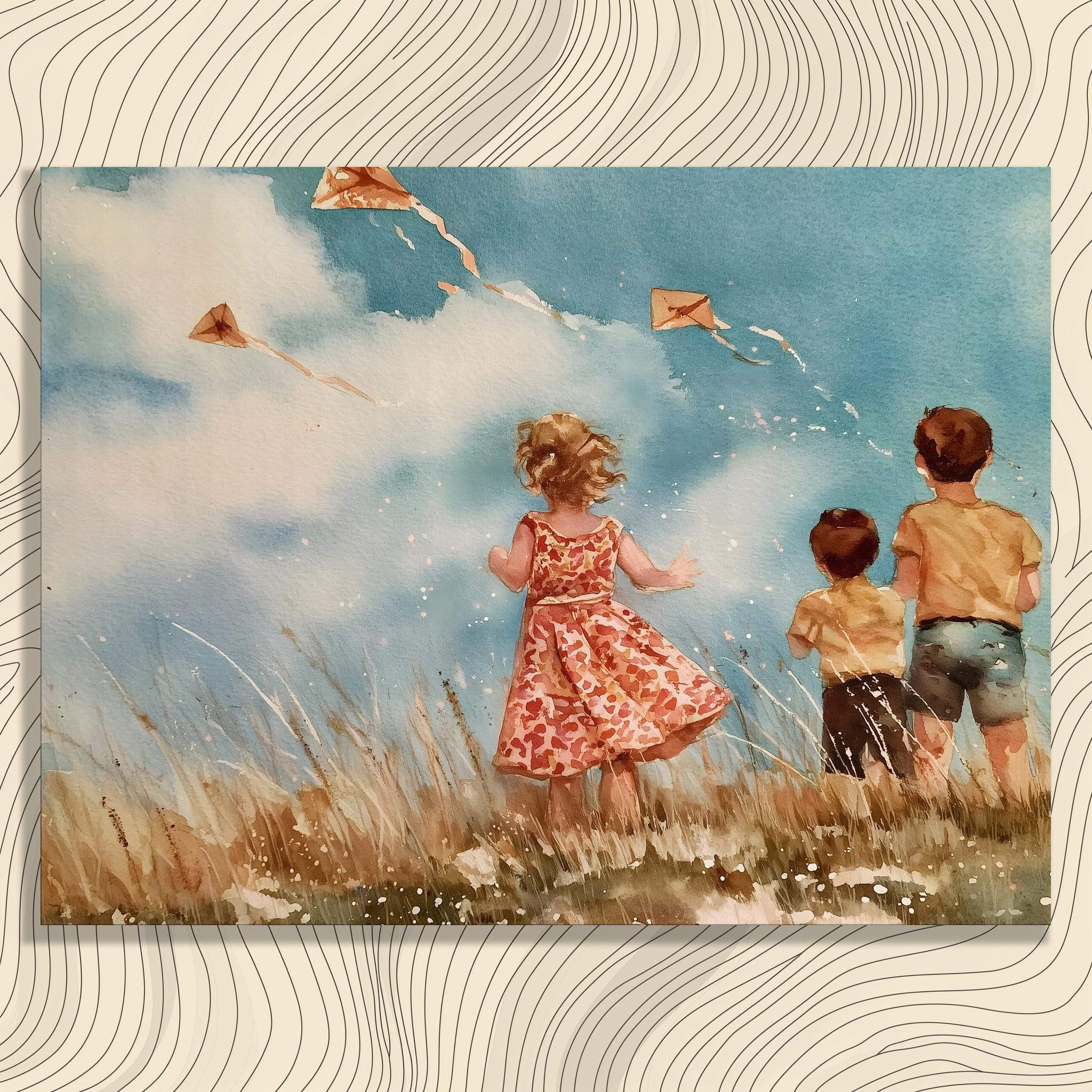 子供の絵　凧 子供の頃の凧の水彩画キャンバスウォールアート – 懐かしい夏の空、凧