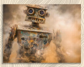 May include: A weathered, rusty robot with a box-shaped head and circular eye sockets. The robot's body is a mix of blue, brown, and green hues, partially obscured by a hazy, tan-colored atmosphere. The robot appears to be in a dusty environment.