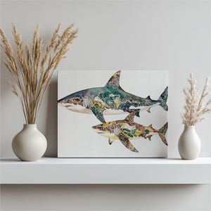 Arte de parede em tela de tubarão, pintura majestosa de mãe e filhotes de tubarão, decoração de animais do oceano, impressão em aquarela de tubarão, arte inspirada na natureza