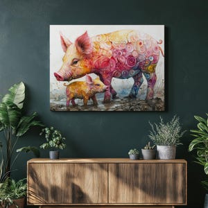 Joyful Pigs Canvas Wall Art, Cute Watercolor Print Farmhouse Decor Gift, Decoration for Home Office Entrance or Bedroom, Affordable Wall Art