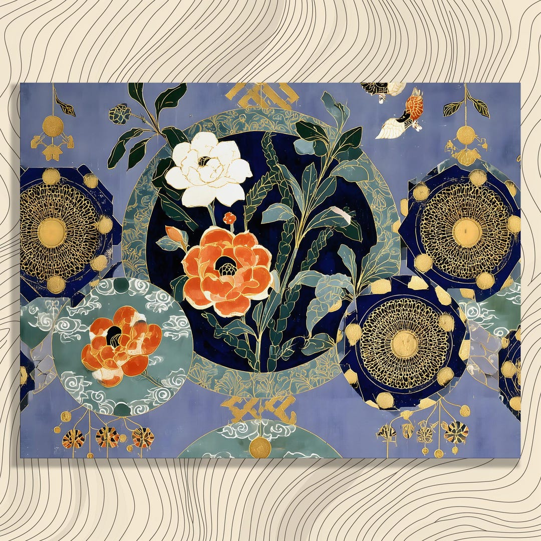 Peony Chinoiserie Canvas Wall Art - Navy Blue Floral Bird Botanical ...
