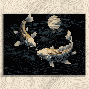 Serene Koi Fish canvas wall art – Yin Yang carp print Japanese zen pond decor minimalist black water moonlight aquatic illustration