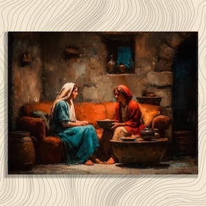Puede incluir: Una pintura al óleo representa a dos figuras en una habitación con poca luz. Una figura viste un vestido azul y un tocado blanco, la otra una túnica roja. Están sentados en un sofá rojo y conversan, con una mesa con un cuenco y otros objetos.