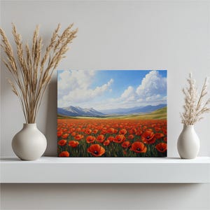 Red Poppy Field Canvas Wall Art – Vibrant Landscape Painting of Poppies under Blue Sky, Floral Wall Hanging for Home Living Room Decor