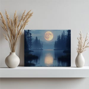 Moon Over Lake canvas wall art, serene night scene lakeview pine trees full moon tranquil artwork, Wall Hanging for Entrance and Living Room