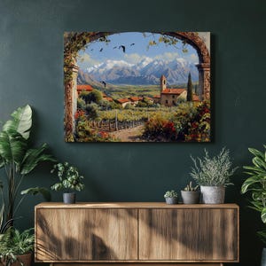 Chile Andes canvas wall art, oil painting print of snow capped peaks condors vineyards wildflowers high quality reproduction, Office Artwork