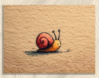 Arte de pared en lienzo con un lindo caracol: dibujo minimalista de tinta con garabatos de animales y caracoles en espiral, decoración caprichosa para jardín, impresión artística de un lindo caracol.