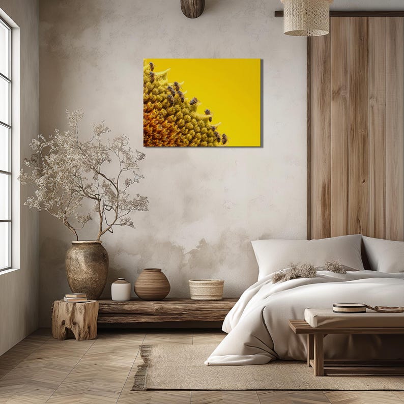 Sunflower Bees Macro canvas wall art – Vibrant nature photography pollination closeup yellow flower wildlife print colorful macro canvas image 6