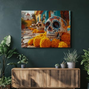 Day of the Dead Canvas Wall Art Print, Mexican Sugar Skull Painting Decor with Marigold Flowers – Colorful Dia de los Muertos Art Gift