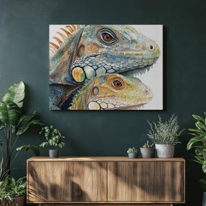 Impresión en lienzo de arte mural de iguana vibrante: pintura de reptil contemporánea y colorida para decoración del hogar, oficina y sala de estar. ¡El regalo perfecto!