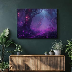 Mystical Forest Canvas Wall Art, Boho Colorful Fantasy Decor with Ethereal Lights and Glowing Trees, Dreamy Nature Scene for Living Room