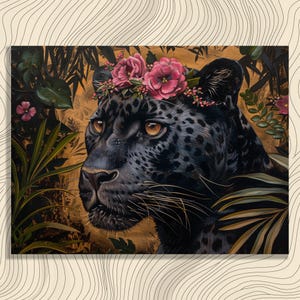 Black Panther canvas wall art, Baroque style wild cat painting with flowers decor, Decoration for Home, Office, Entrance, Toilet or Bedroom