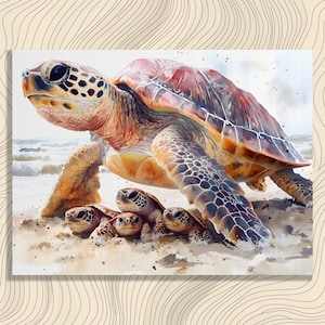 Sea Turtle Family Canvas Wall Art - Watercolor Wildlife Print for Nursery Decor