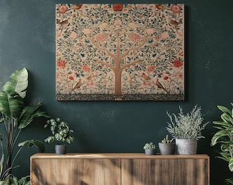 Cuadro decorativo de pared Árbol de la Vida – Tapiz vintage con estampado botánico de aves, decoración floral, pintura de naturaleza, follaje verde, color beige, lienzo envuelto