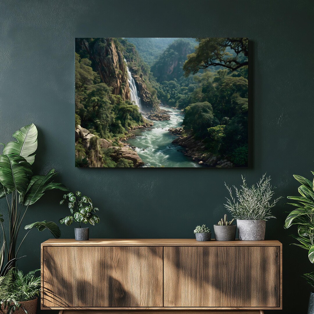 Tropical Waterfall River Canvas Wall Art – Lush Tropical Rainforest ...