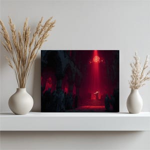 Gothic Cathedral Canvas Wall Art – Dark Church Altar Painting Red Rose Window Print Stained Glass Stone Columns Medieval Decor Gift