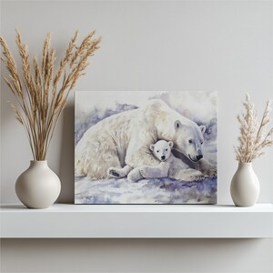 Polar Bear Canvas Wall Art – Modern Wildlife Painting of Mother and Cub in Serene Arctic Landscape – White Blue Decor for Animal Lovers
