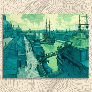 Vintage Port Cityscape Canvas Wall Art - Historical Harbor Architecture Painting Print Decor Gift Coastal Sailing Ships Artwork
