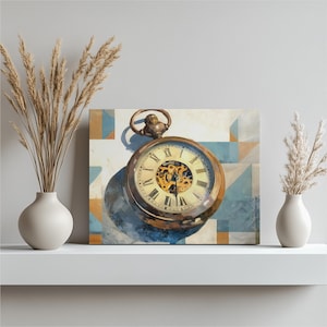 May include: A vintage-style canvas print featuring a detailed pocket watch with Roman numerals and visible inner workings. The watch has a bronze-colored frame and is set against a geometric background with blue and orange accents. The print is displayed on a white shelf.