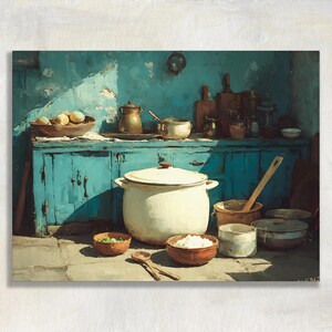 May include: A kitchen scene featuring a large white enamel pot centered on a stone floor in front of a distressed teal wooden cabinet. Various ceramic bowls, wooden spoons, and kitchen containers are arranged on the floor and the cabinet surface.