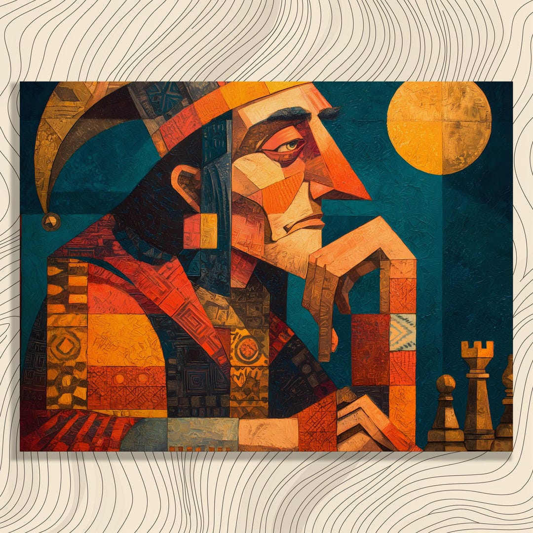 Jester Abstract Geometric Jester Chess Canvas Wall Art - Cubist Portrait With Golden ...
