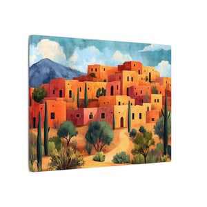 Santa Fe adobe canvas wall art - New Mexico pueblo landscape painting with desert plants mountains and rustic homes southwestern decor print image 9