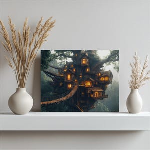 City Canvas Wall Art, Enchanting Treehouse Bridge Art for Home Decor, Unique Nature Wall Art, Nature Lover Gift, Stunning Canvas Art