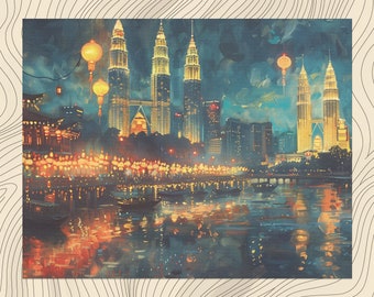エリザベス キース作「マラッカの夜景」複製版画、木版画、ジクレー