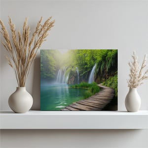 Serene Waterfall Forest Canvas Wall Art, Croatia Landscape Painting with Wooden Pathway, Modern Nature Decor for Living Room