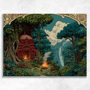 May include: A pixel art illustration depicting a red stone temple nestled within a dense green forest. A bright orange campfire burns in the foreground, while a tall waterfall cascades down a distant mountain under a blue sky with white clouds.