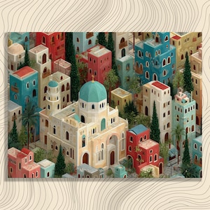 Colorful Cityscape Canvas Wall Art - Cubism Urban Architecture Canvas Print Red Green Buildings Decor for Artists Travelers Gift