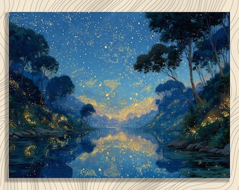 Cuadro de pared en lienzo con diseño de lago nocturno de luciérnagas - Impresión de paisaje de bosque con cielo estrellado y reflejos brillantes - Pintura moderna - Decoración mágica de bosque