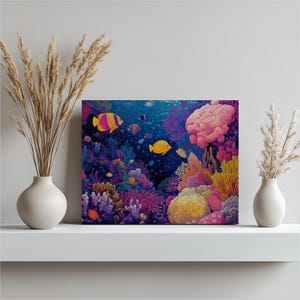 Impressão de arte de parede em tela vibrante de recife de coral - Pintura de peixes tropicais subaquáticos, decoração oceânica, presente artístico de vida marinha para sala de estar e quarto