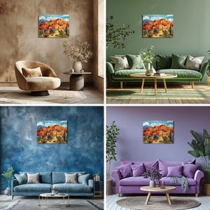 New Mexico landscape art showing terraced adobe houses with desert plants and mountain backdrop.
