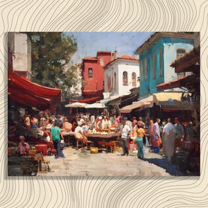 Vibrant street market canvas wall art – Urban street scene colorful city scene impressionist decor travel inspired marketplace painting prin