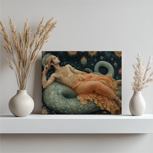 Majestic Vishnu Canvas Wall Art, Hindu Deity Serpent Motif – Celestial Cosmic Illustration in Gold Blue for Home Decor – Intricate Design