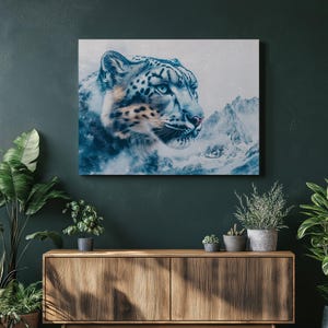 Majestic Snow Leopard Canvas Wall Art Modern Wildlife Animal Portrait in Snowy Mountains Contemporary Nature Decor for Living Room Office