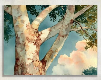 May include: Watercolor painting of a tree with a light blue sky and pink clouds. The tree trunk and branches are light brown with darker brown spots. Green leaves are visible at the top of the image.