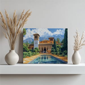 Alhambra Palace Canvas Wall Art Print, Spanish Granada Scenery Painting Decor, Intricate Cultural Moorish Architecture Home Art Gift