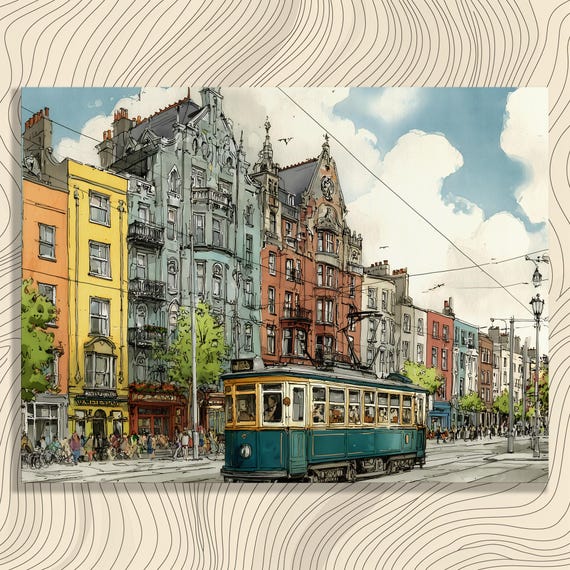 ヴィンテージトラムシティスケープキャンバスウォールアート - 水彩画