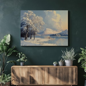 Ice Skating Canvas Wall Art - Frozen Lake Winter Landscape with Snowy Mountains and Trees, Pastel Sky Home Decor for Office, Art Print