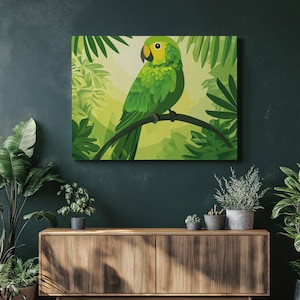 Handcrafted Tropical Parrot Canvas Wall Art | Vibrant Green Bird Print for Home Decor | Nature Wildlife Painting | Customizable Sizes