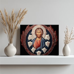 Christ Pantocrator Icon Canvas Wall Art – Byzantine Orthodox Icon Print Religious Christian Decor Jesus Portrait Halo Medallion Blue Red
