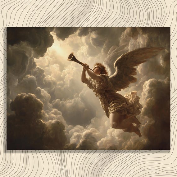 Angel Blowing Trumpet Canvas Wall Art - Heavenly Light in Clouds