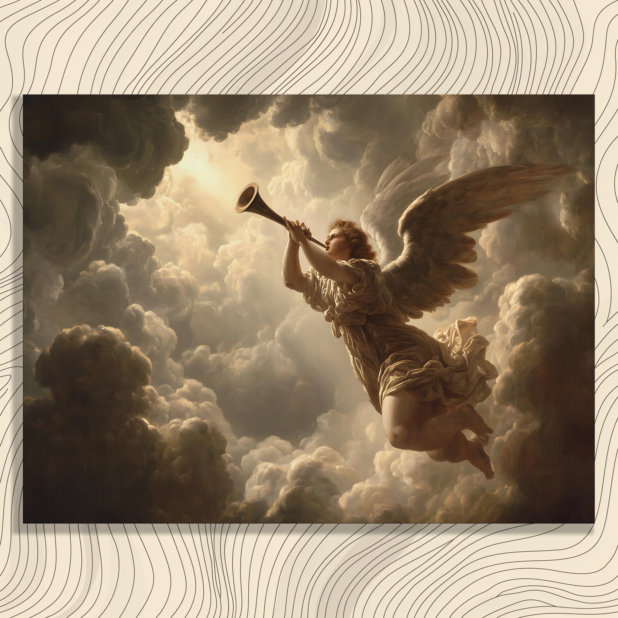 Angel Blowing Trumpet Canvas Wall Art - Heavenly Light in Clouds