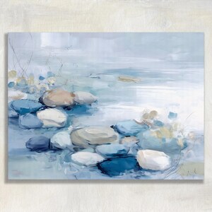 Tide Pool Stones canvas wall art - coastal watercolor seascape painting tranquil blue pebble print serene beach decor coastal artwork