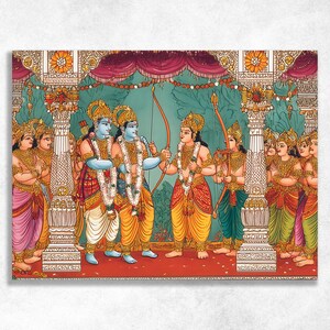 Cuadro mural del Ramayana: pintura tradicional de templo indio de Rama, Sita y Lakshmana, ceremonia del arco, decoración de pared de la mitología hindú.
