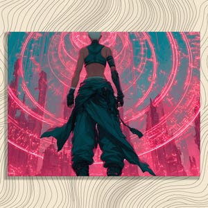 Lienzo de pared ciberpunk futurista: impresión de portal de paisaje urbano de neón para decoración urbana moderna, regalo para gamers en brillo neón rosa y azul.