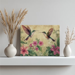 Hummingbirds Tropical Wall Art Canvas Print Botanical Art Nature Wall Decor Floral Wall Decor Bird Artwork Home Decor Living Room